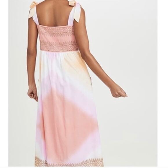 Juliet Dunn Pink Sunset Gold Embroidered Tie Shoulder Cotton Midi Dress 1 / S - Picture 3 of 12